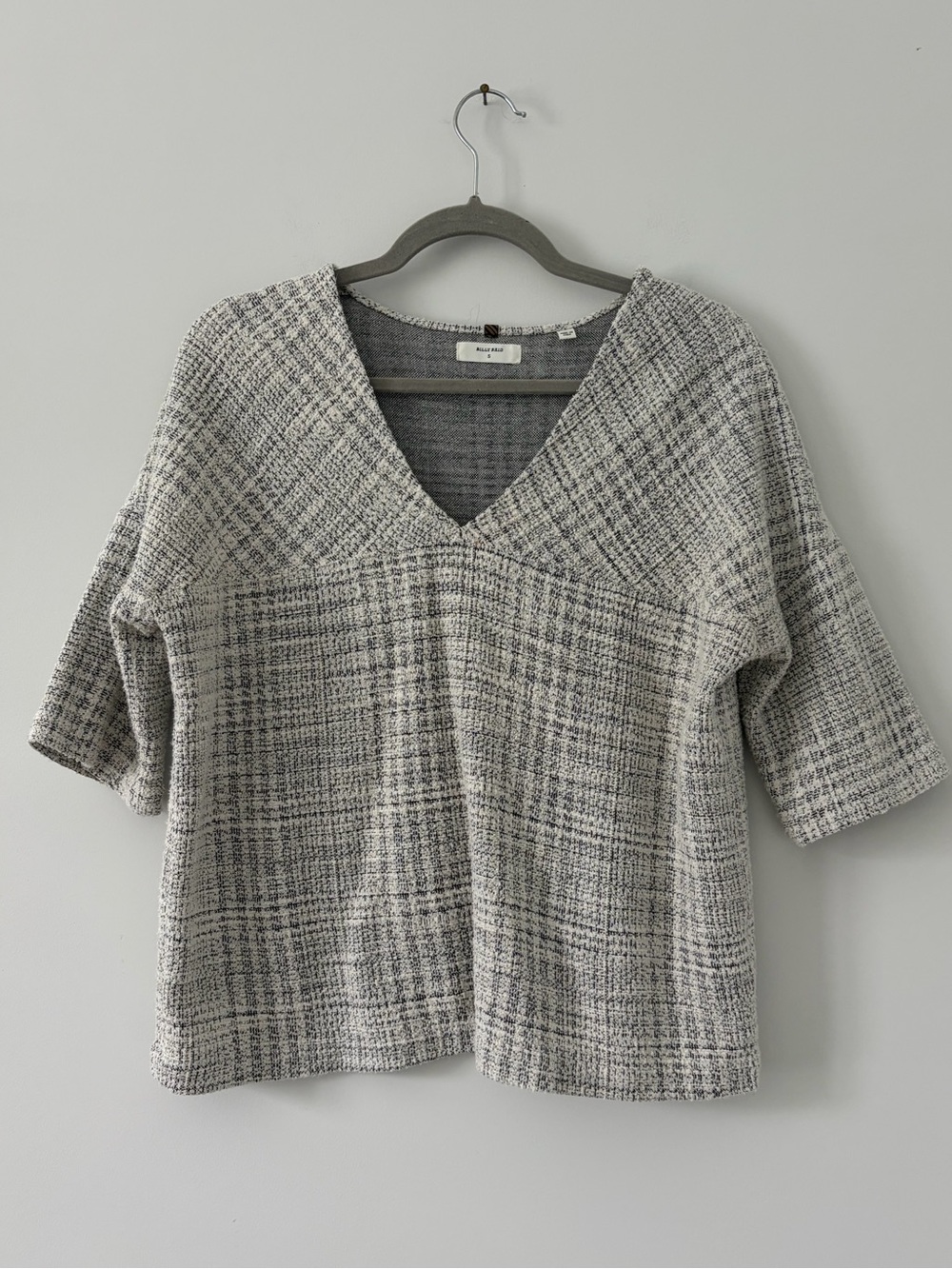 Billy Reid Grey White Plaid V Neck Bell Sleeve Boxy Office Workwear Cotton Top S